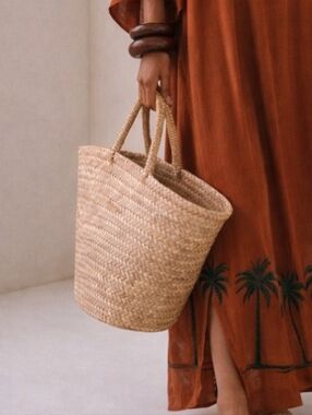 Natural Woven Straw Tote Bag with Wrapped Handles